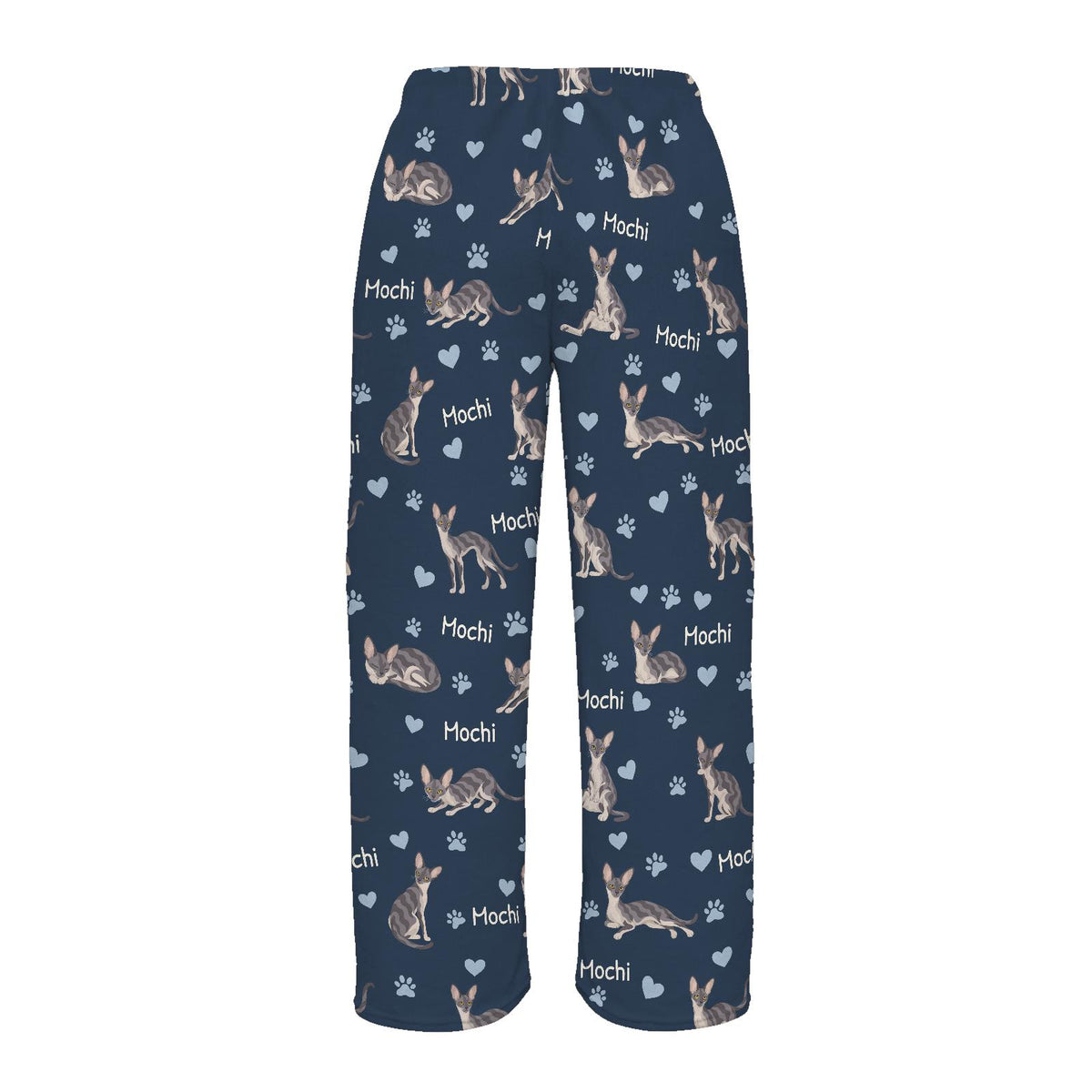 Cornish Rex personalized pet name fleece pajama trousers, flat back view.