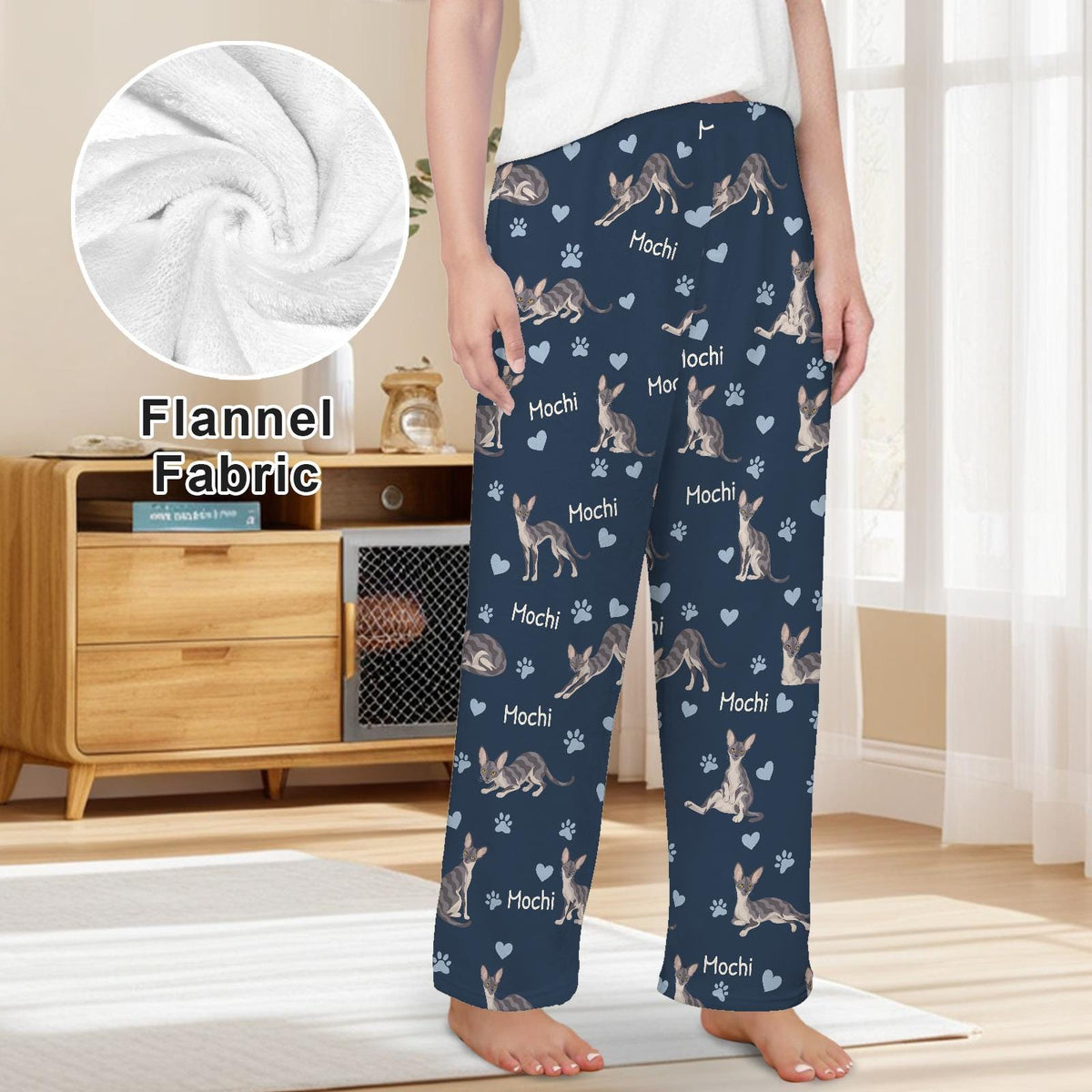 Cornish Rex personalized pet name fleece pajama trousers, front lifestyle view.