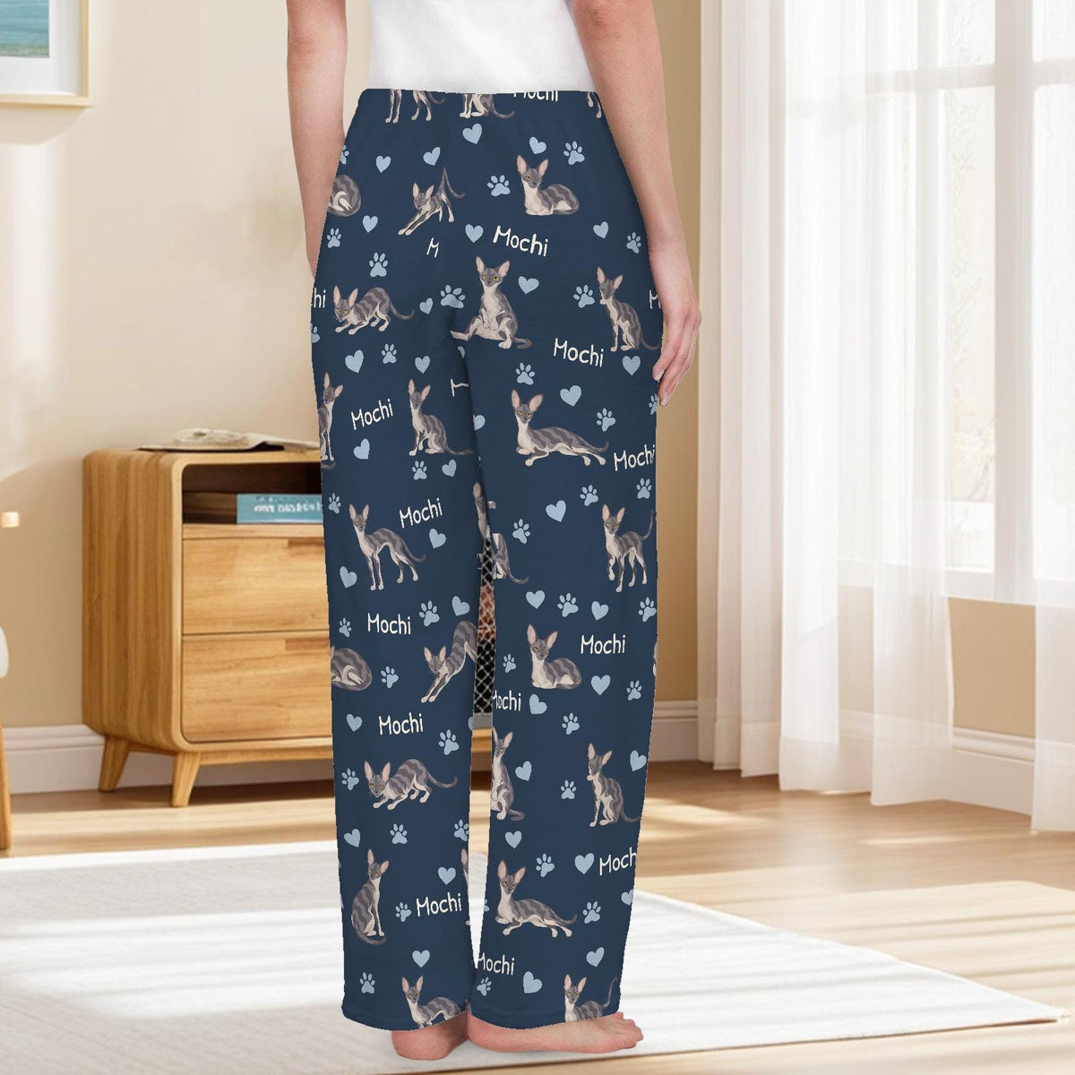 Cornish Rex personalized pet name fleece pajama trousers, back lifestyle view.