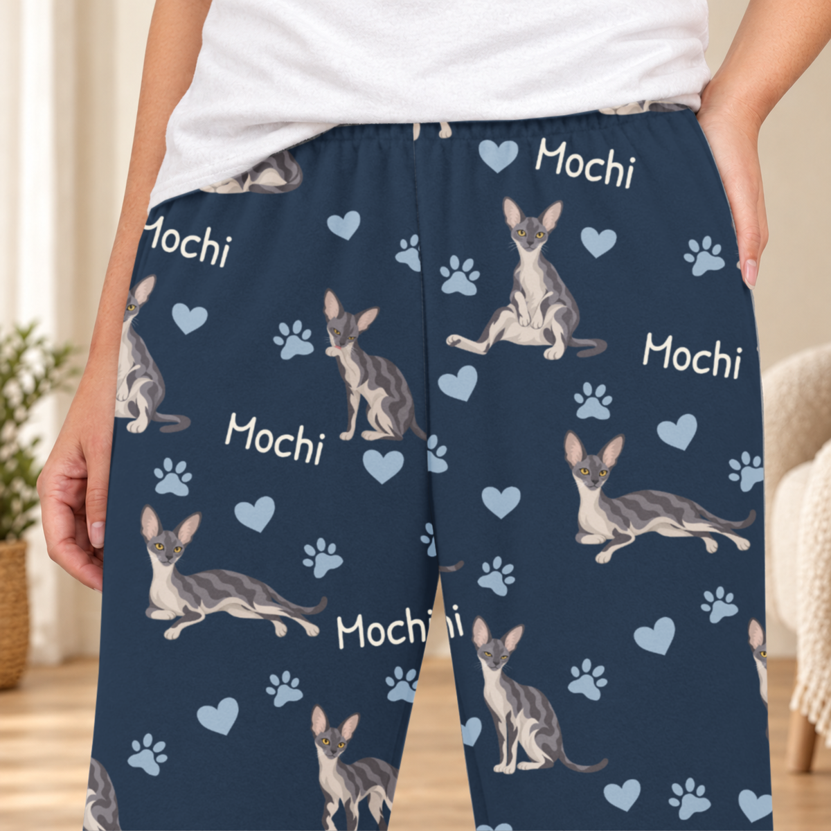Cornish Rex personalized fleece pajama close-up showing breed artwork and example pet name