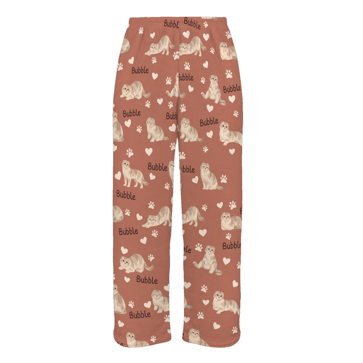 Scottish Fold personalized pet name fleece pajama trousers, flat front view.