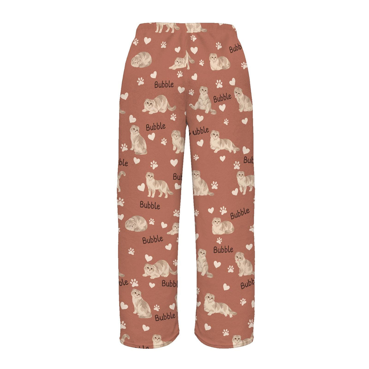 Scottish Fold personalized pet name fleece pajama trousers, flat back view.
