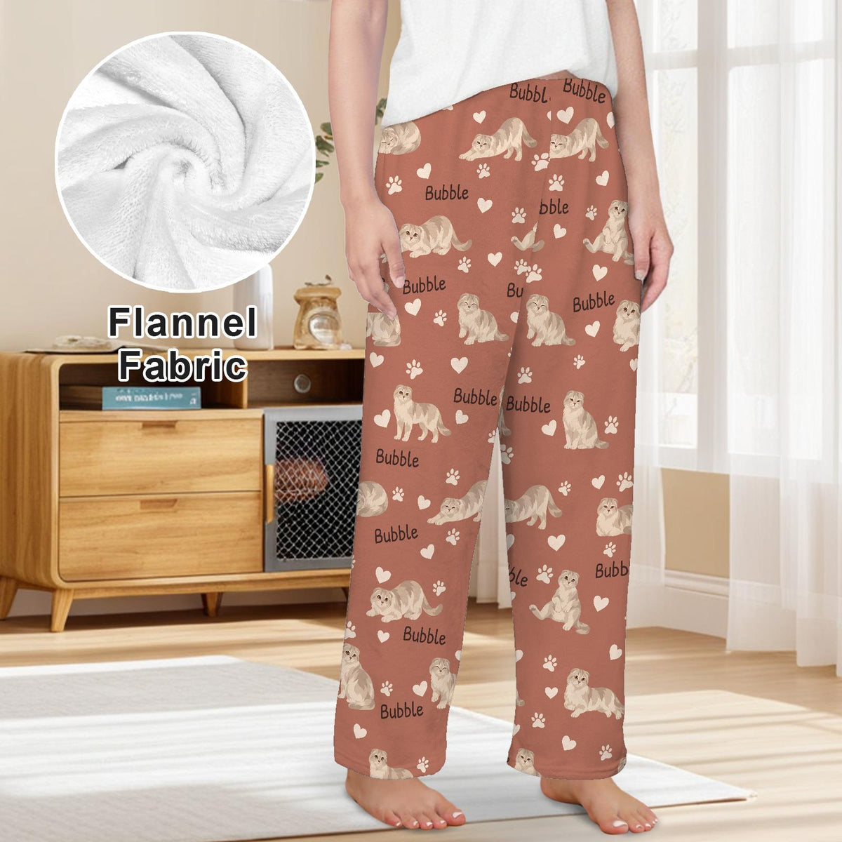 Scottish Fold personalized pet name fleece pajama trousers, front lifestyle view.