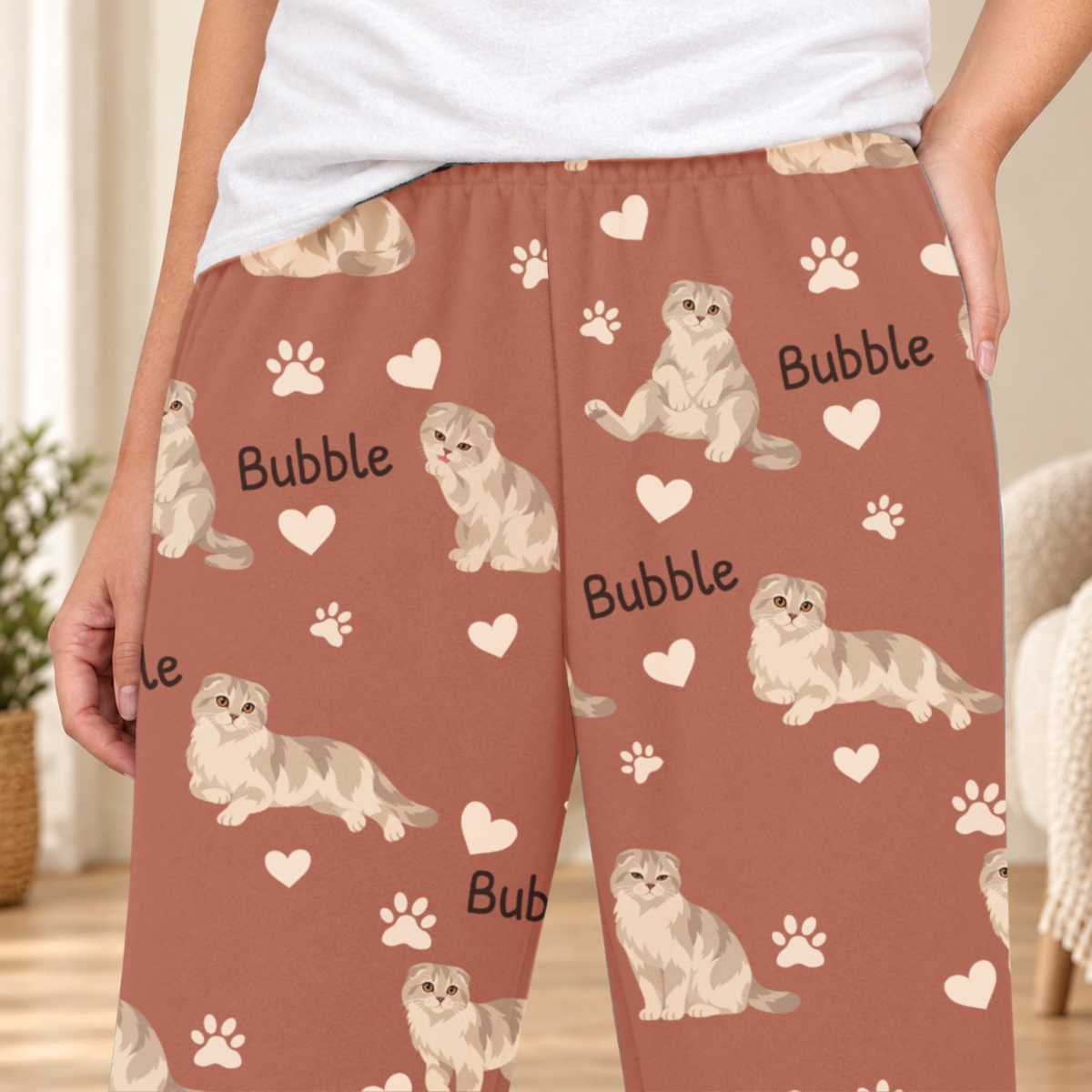 Scottish Fold personalized fleece pajama close-up showing breed artwork and example pet name