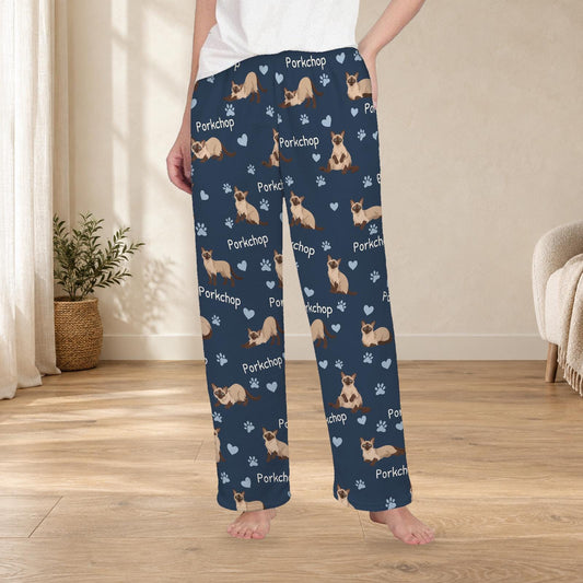 Tonkinese personalized fleece pajama trousers on a model; women's fit, front view. Cozy neutral room background.