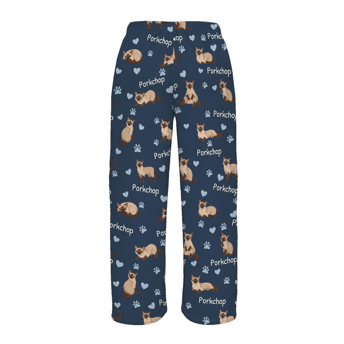 Tonkinese personalized pet name fleece pajama trousers, flat back view.