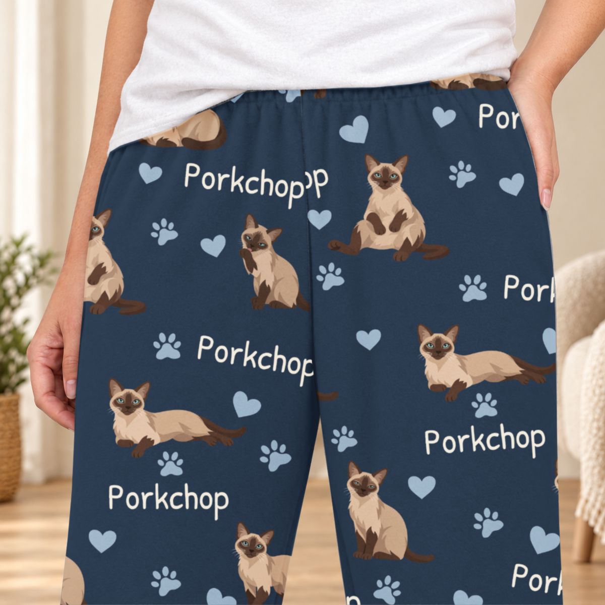 Tonkinese personalized fleece pajama close-up showing breed artwork and example pet name
