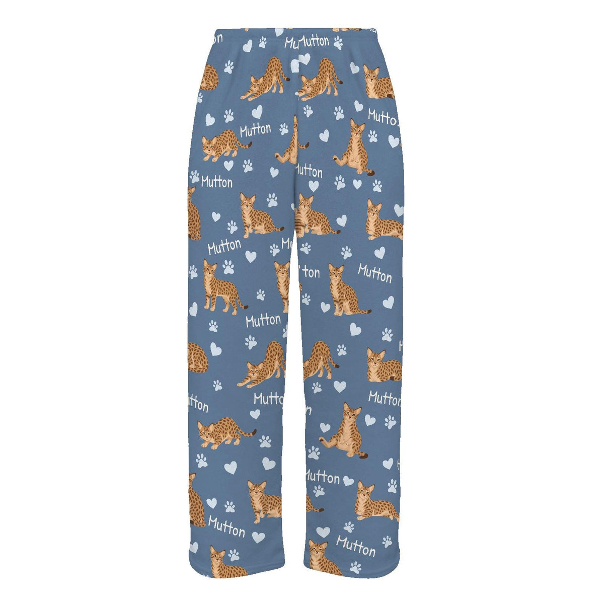 Ocicat personalized pet name fleece pajama trousers, flat front view.