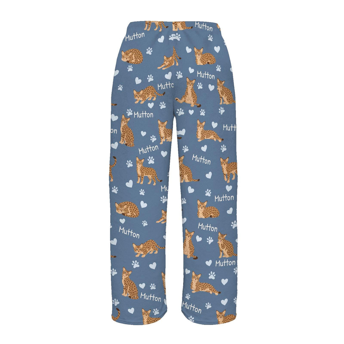 Ocicat personalized pet name fleece pajama trousers, flat back view.