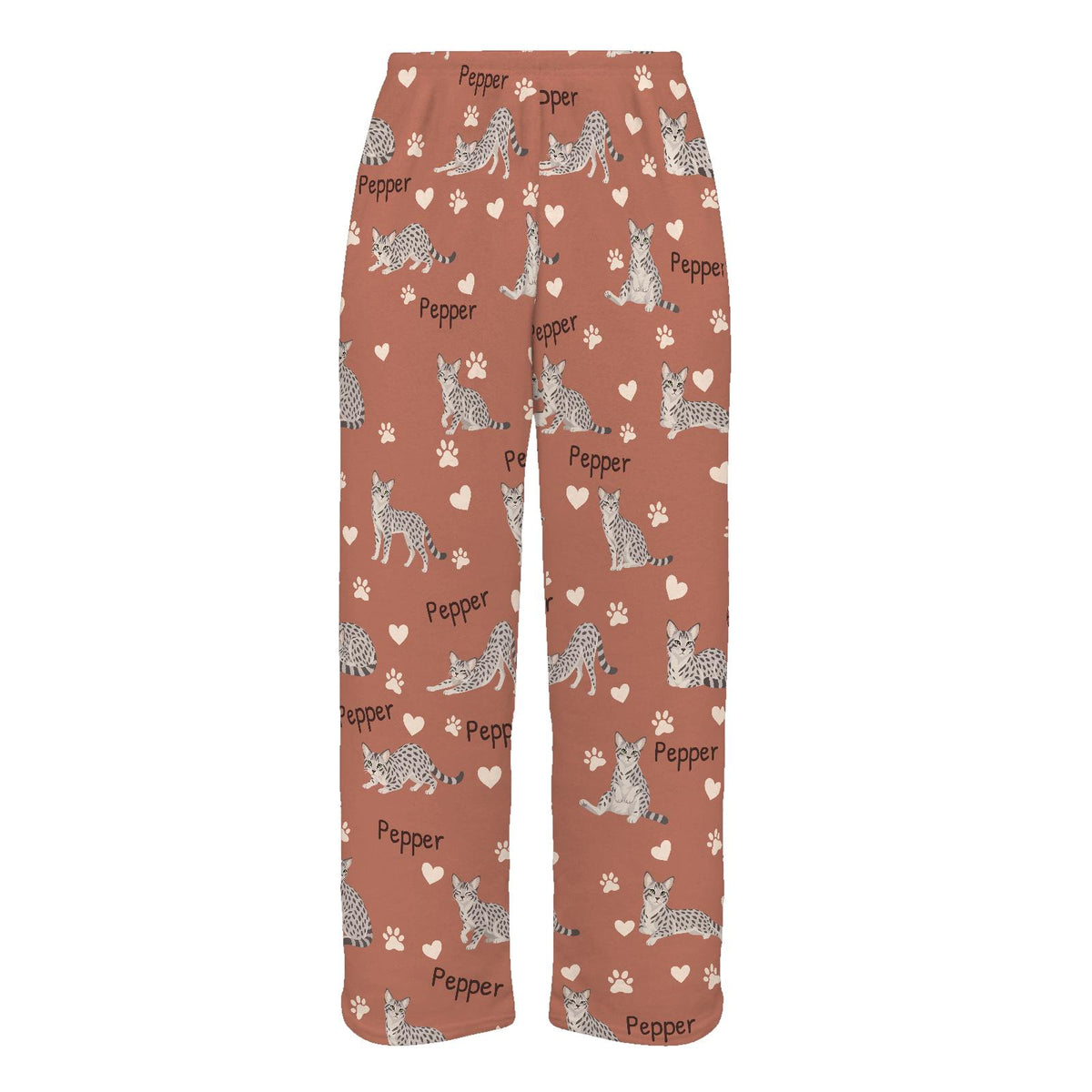 Egyptian Mau personalized pet name fleece pajama trousers, flat front view.