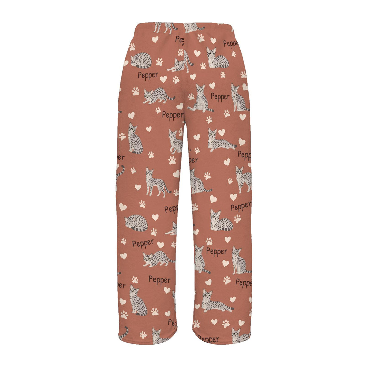 Egyptian Mau personalized pet name fleece pajama trousers, flat back view.