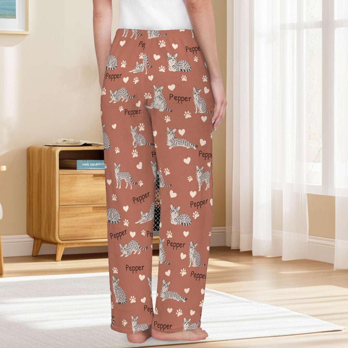 Egyptian Mau personalized pet name fleece pajama trousers, back lifestyle view.