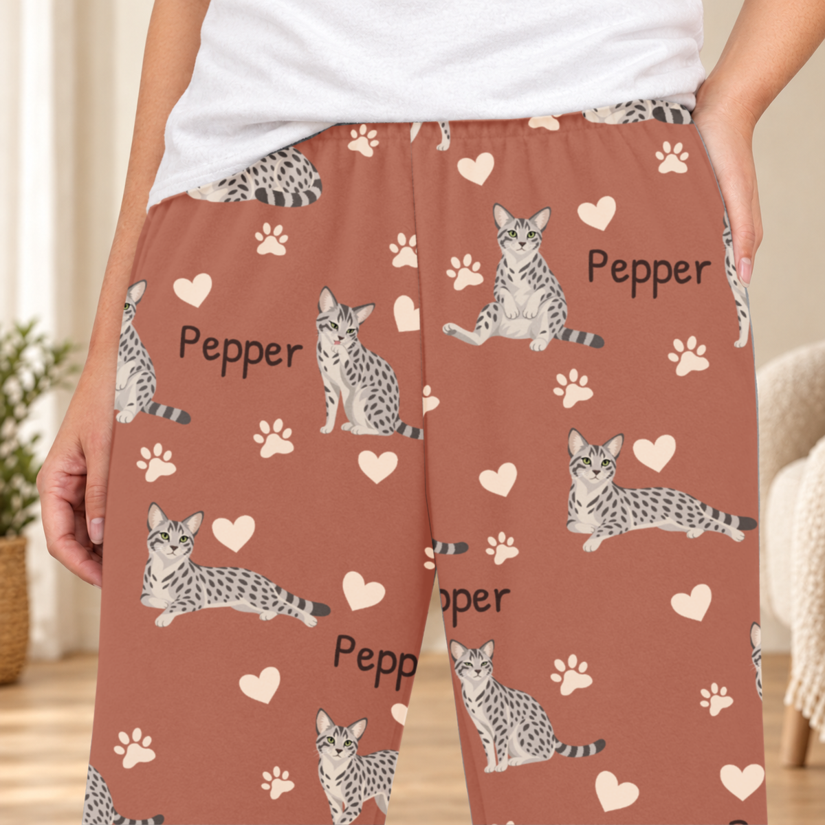 Egyptian Mau personalized fleece pajama close-up showing breed artwork and example pet name