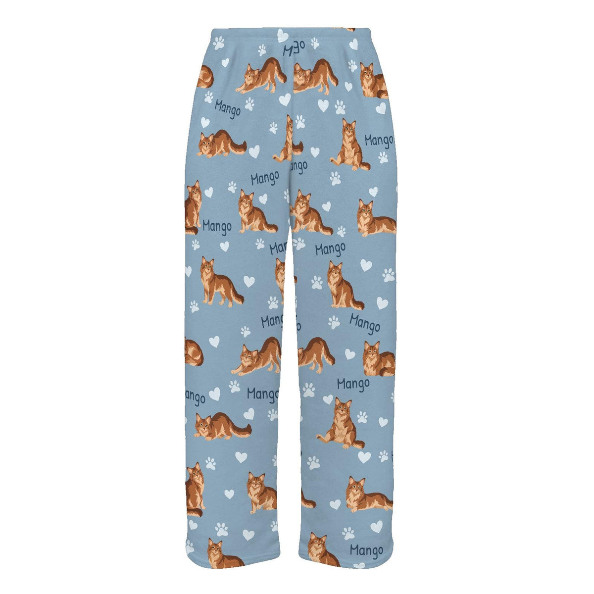 Somali personalized pet name fleece pajama trousers, flat front view.