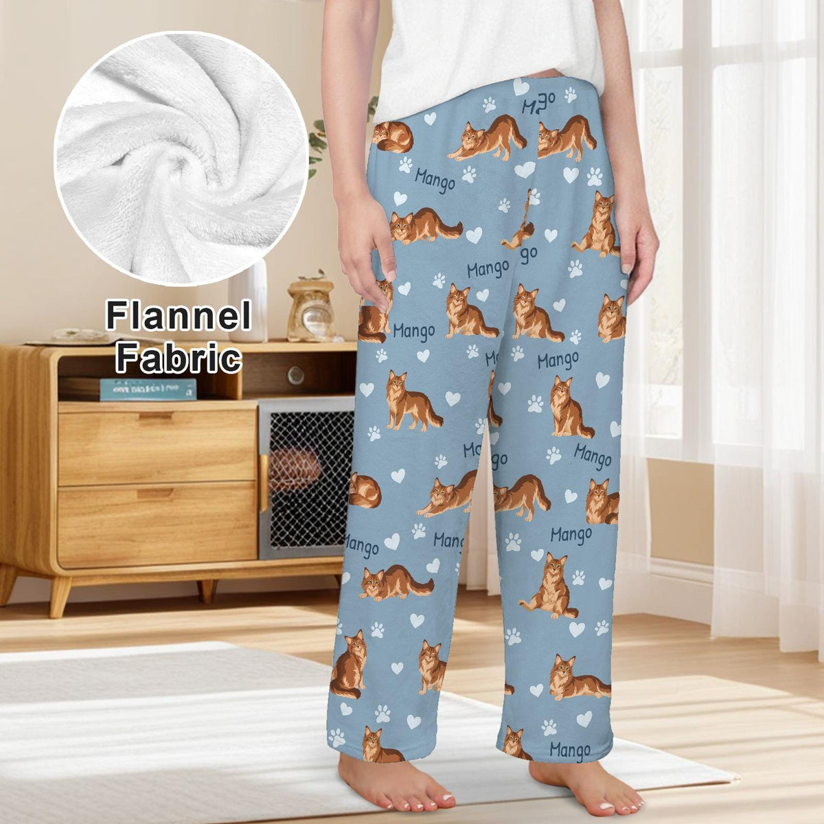Somali personalized pet name fleece pajama trousers, front lifestyle view.