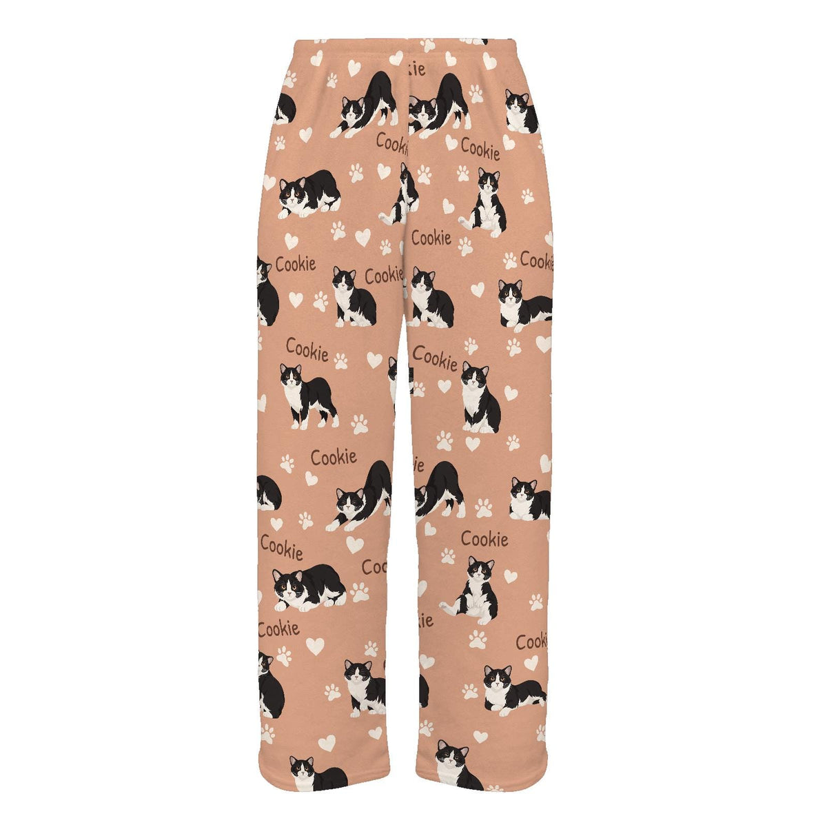 Manx personalized pet name fleece pajama trousers, flat front view.
