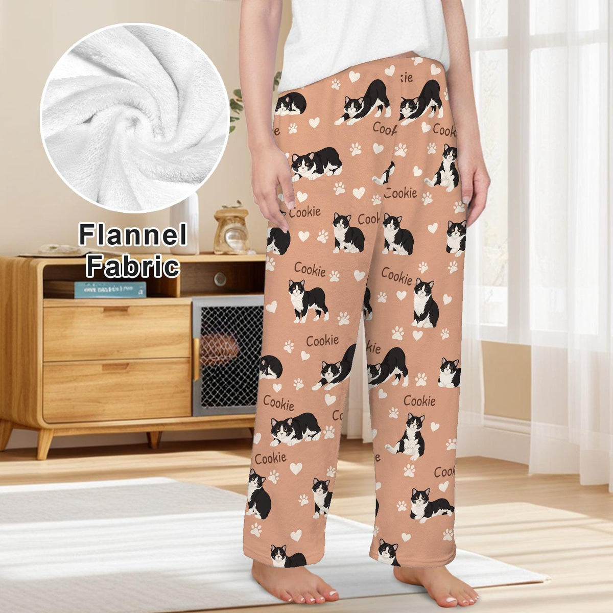 Manx personalized pet name fleece pajama trousers, front lifestyle view.