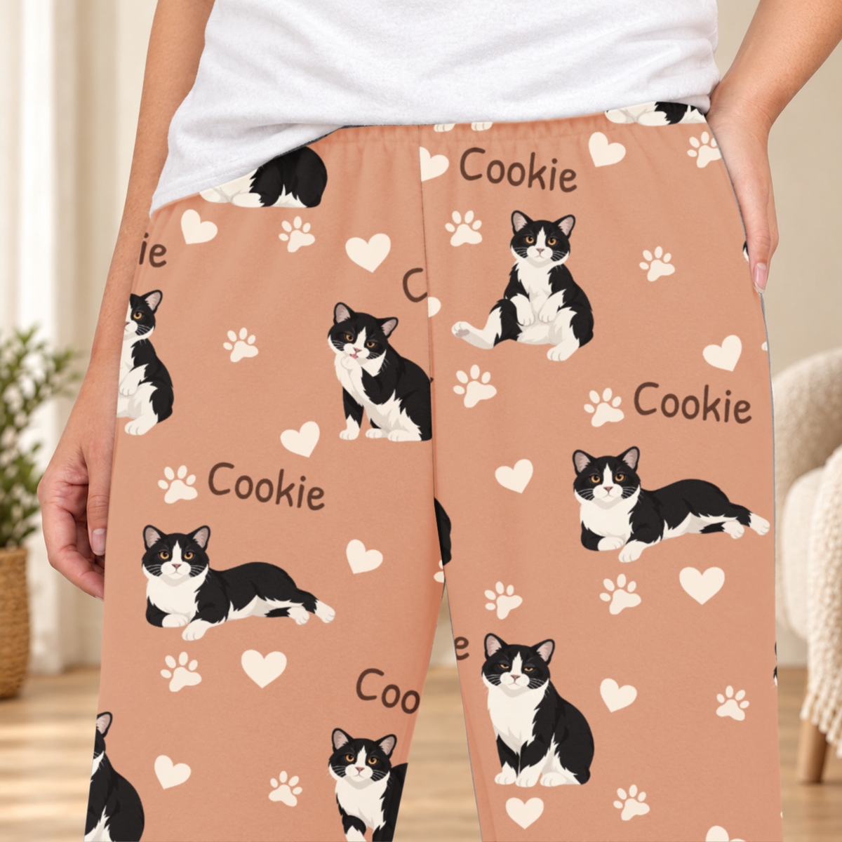 Manx personalized fleece pajama close-up showing breed artwork and example pet name