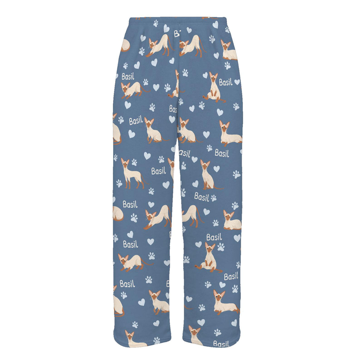 Colorpoint Shorthair personalized pet name fleece pajama trousers, flat front view.