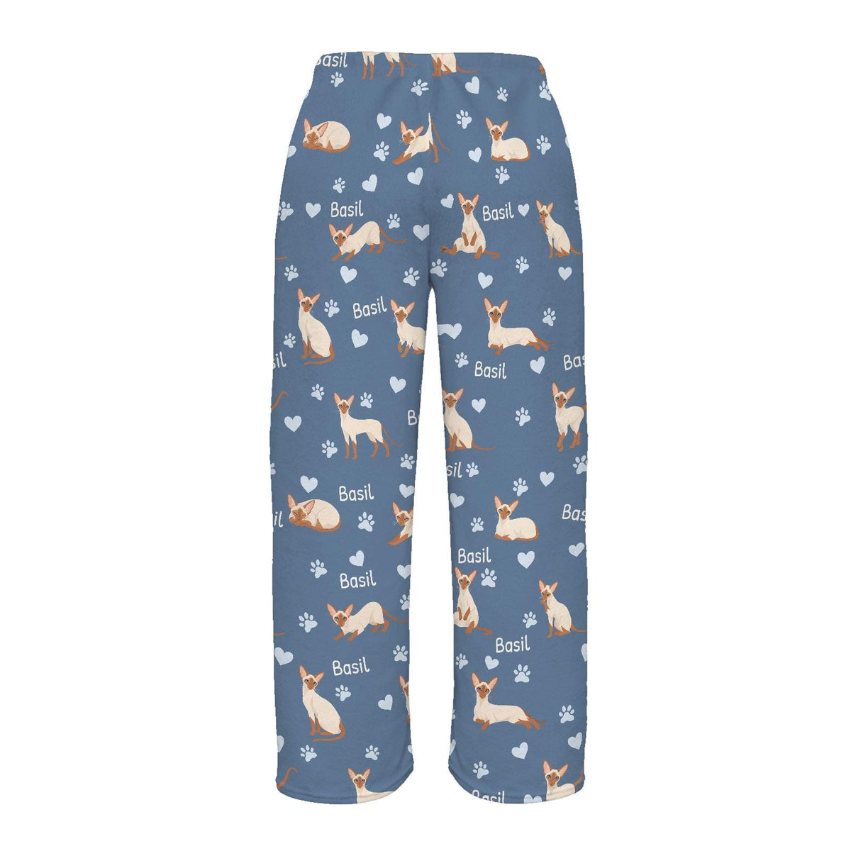 Colorpoint Shorthair personalized pet name fleece pajama trousers, flat back view.