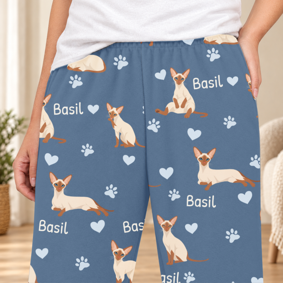 Colorpoint Shorthair personalized fleece pajama close-up showing breed artwork and example pet name