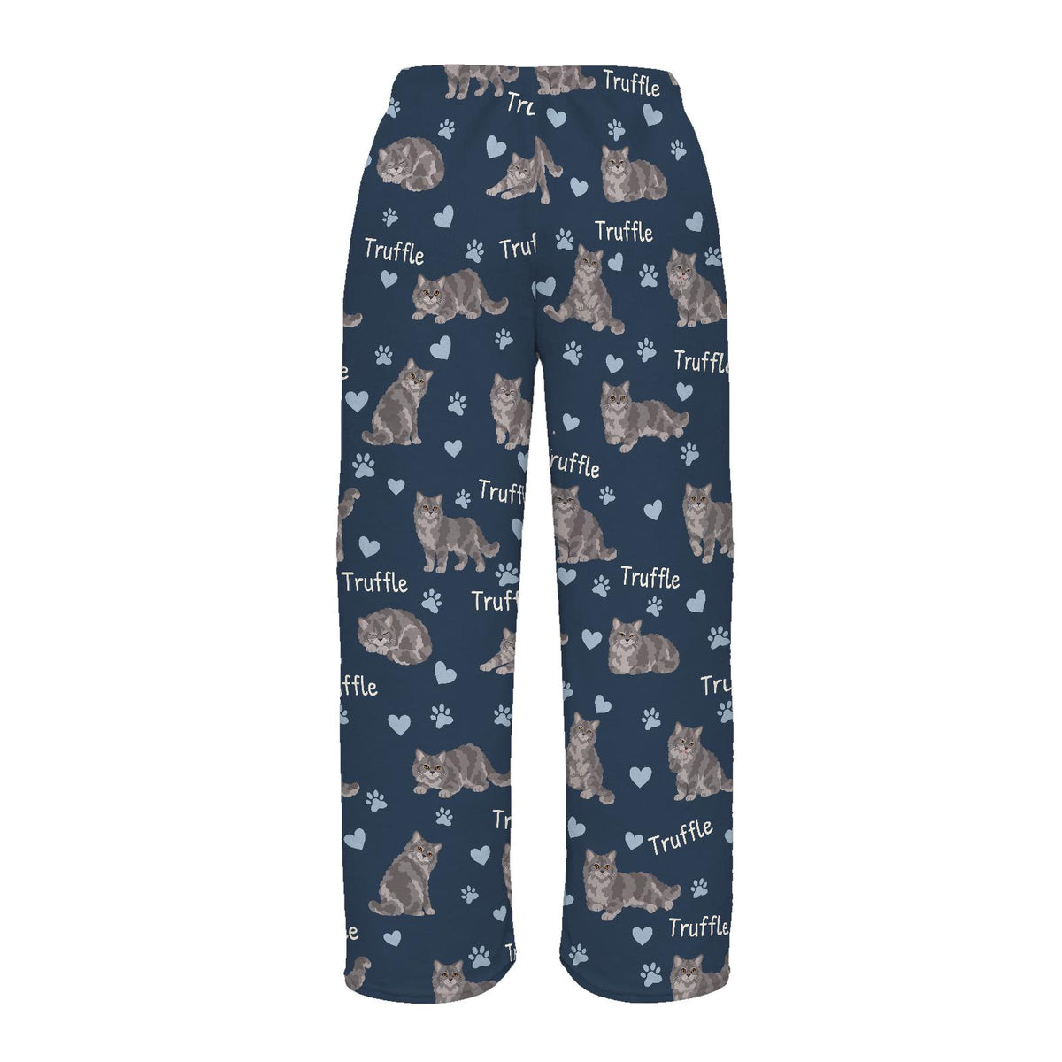 Selkirk Rex personalized pet name fleece pajama trousers, flat back view.