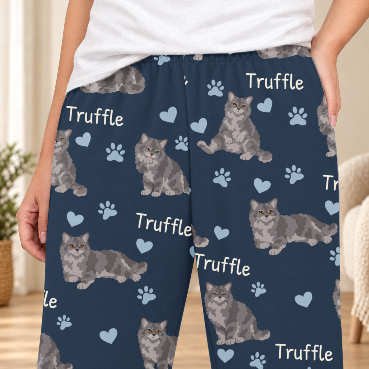 Selkirk Rex personalized fleece pajama close-up showing breed artwork and example pet name