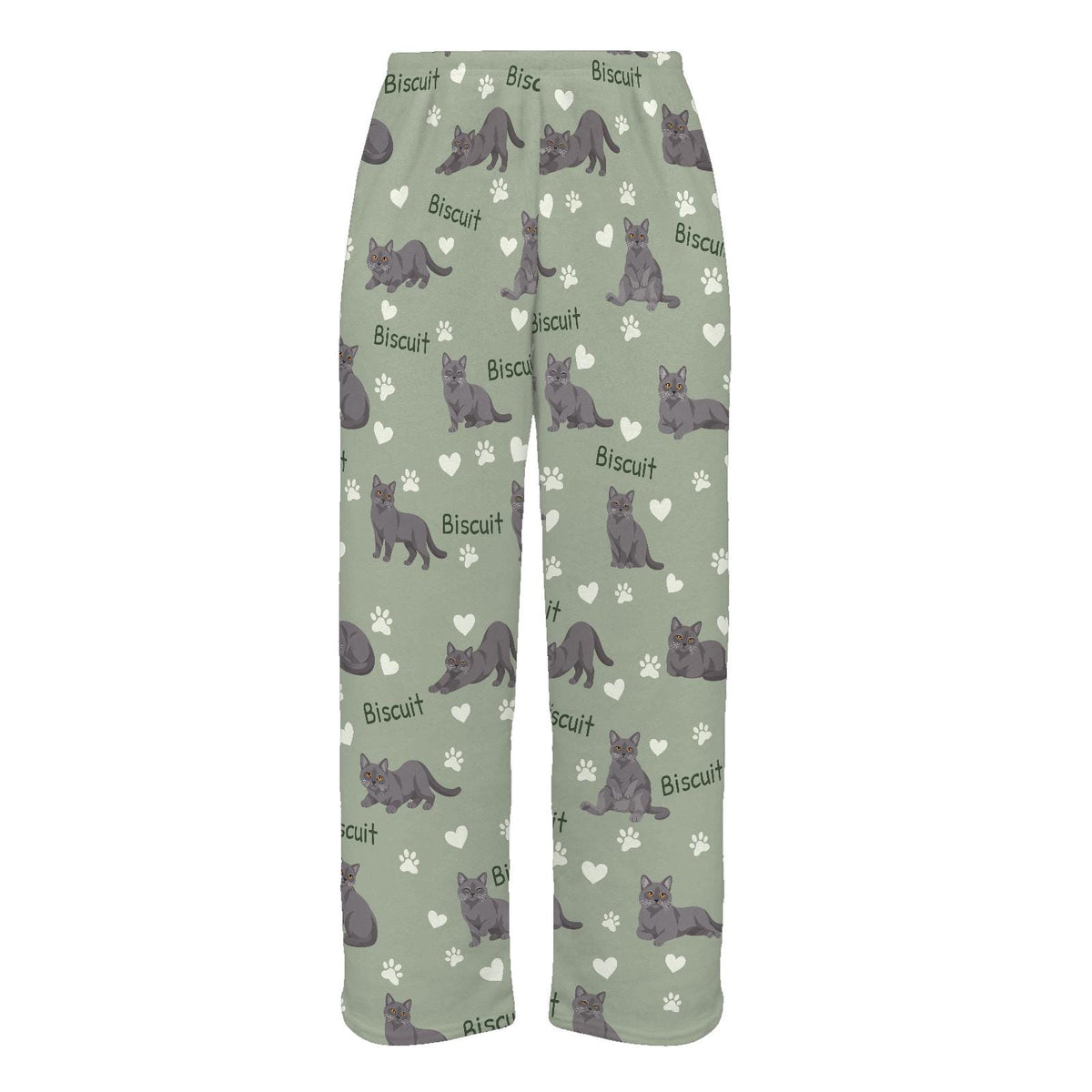 Chartreux personalized pet name fleece pajama trousers, flat front view.