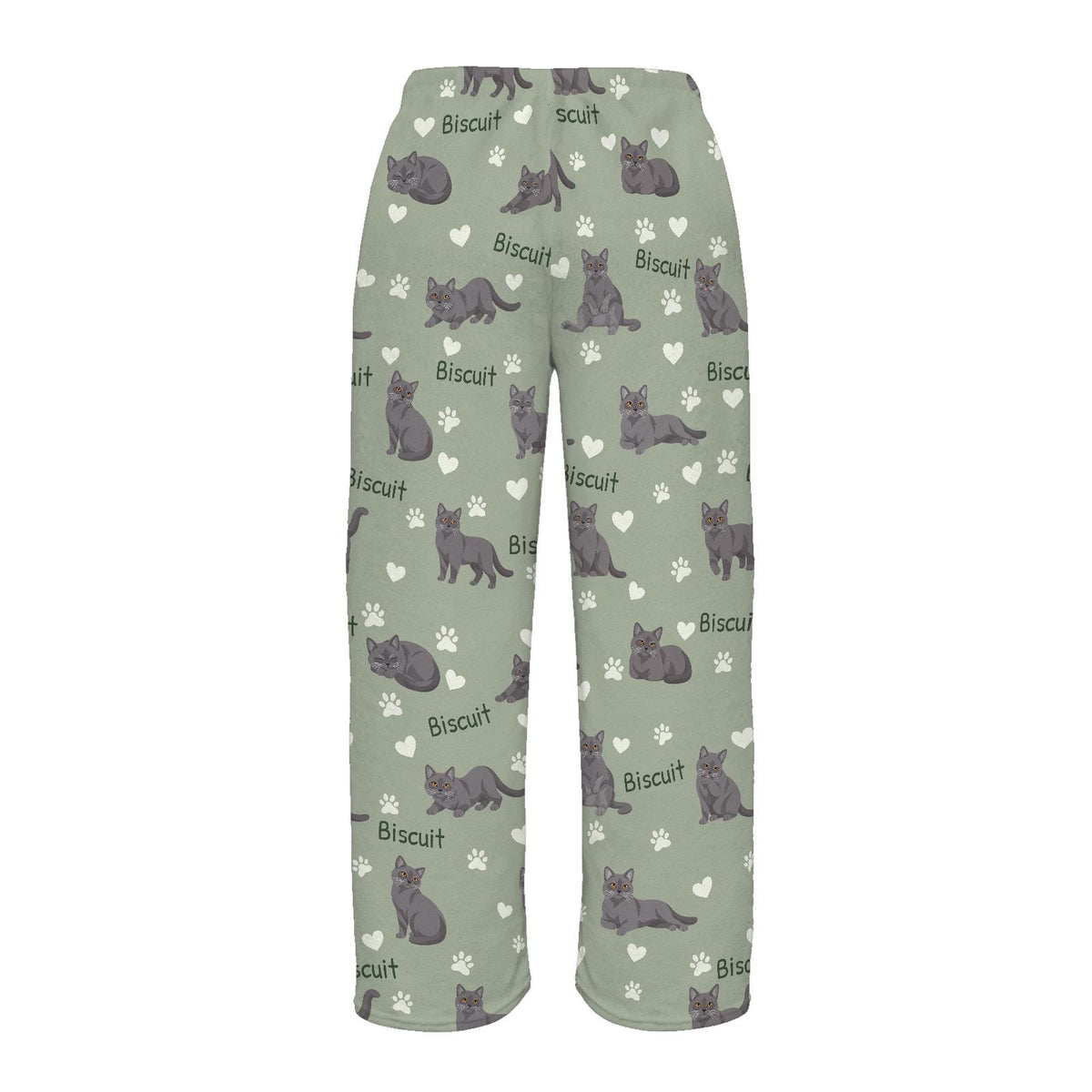 Chartreux personalized pet name fleece pajama trousers, flat back view.