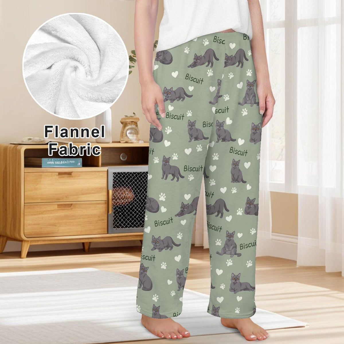 Chartreux personalized pet name fleece pajama trousers, front lifestyle view.