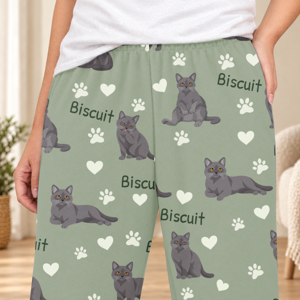 Chartreux personalized fleece pajama close-up showing breed artwork and example pet name