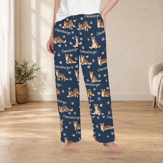 American Curl personalized fleece pajama trousers on a model; women's fit, front view. Cozy neutral room background.