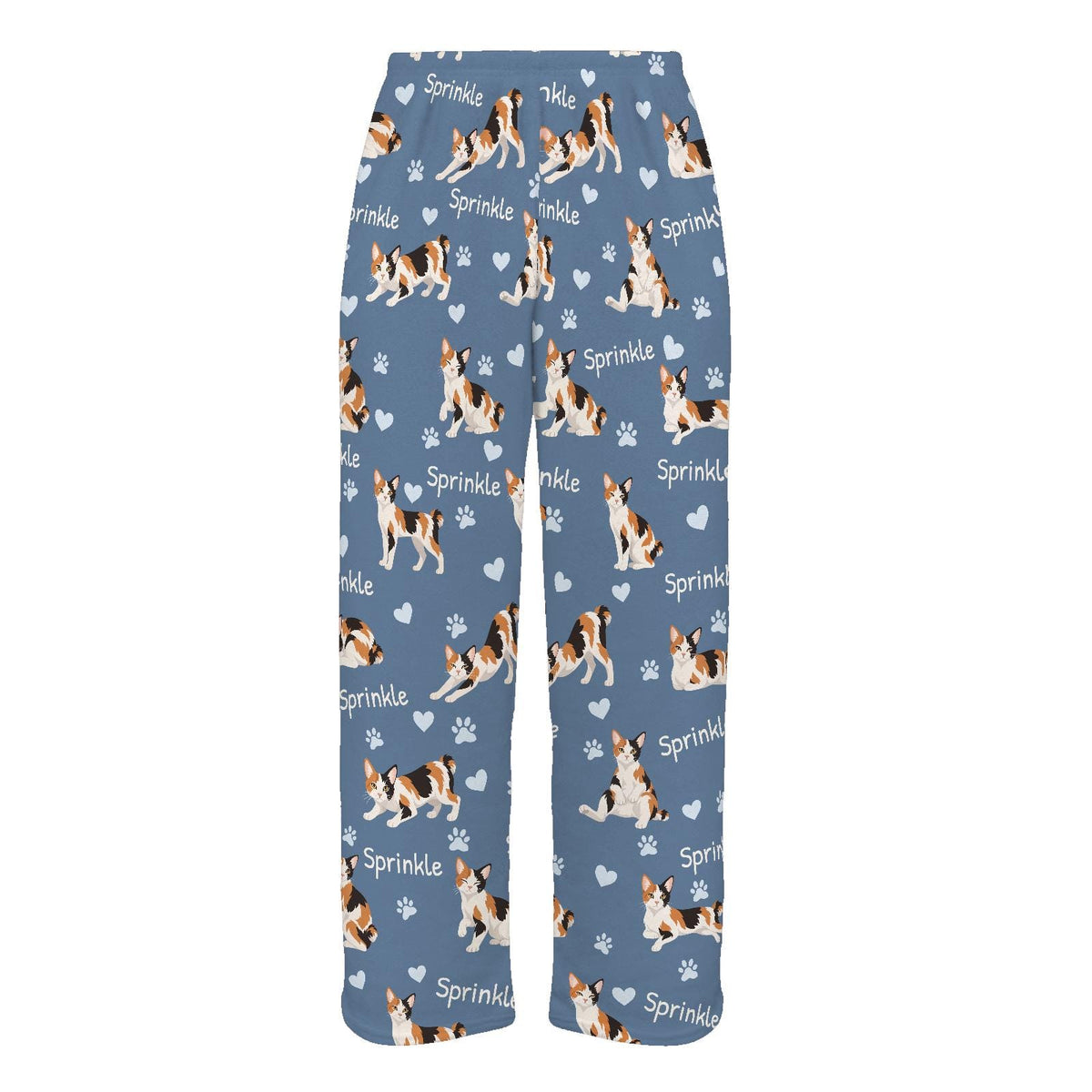 Japanese Bobtail personalized pet name fleece pajama trousers, flat front view.