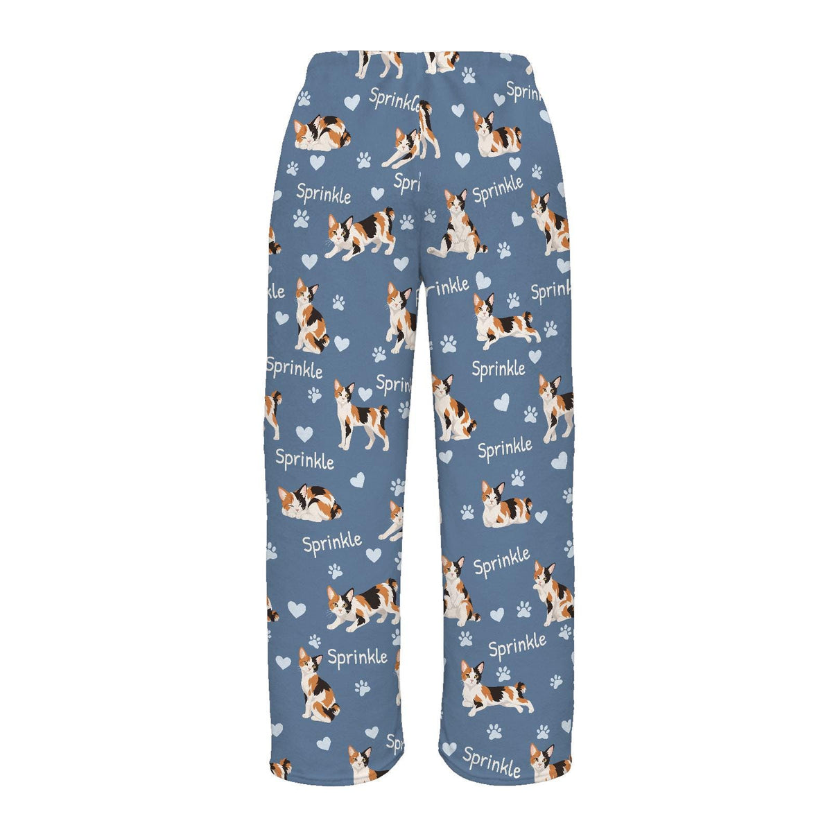 Japanese Bobtail personalized pet name fleece pajama trousers, flat back view.