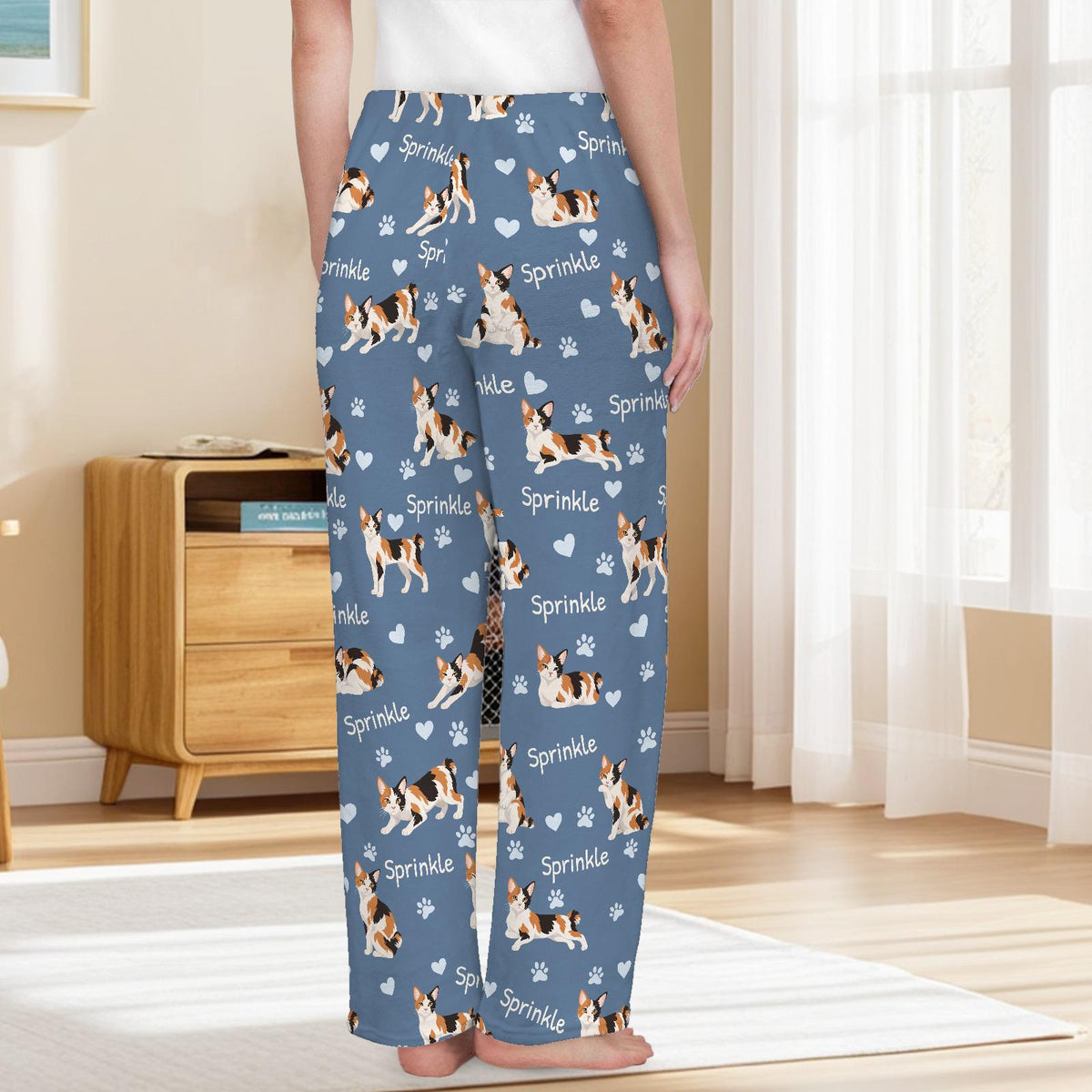 Japanese Bobtail personalized pet name fleece pajama trousers, back lifestyle view.