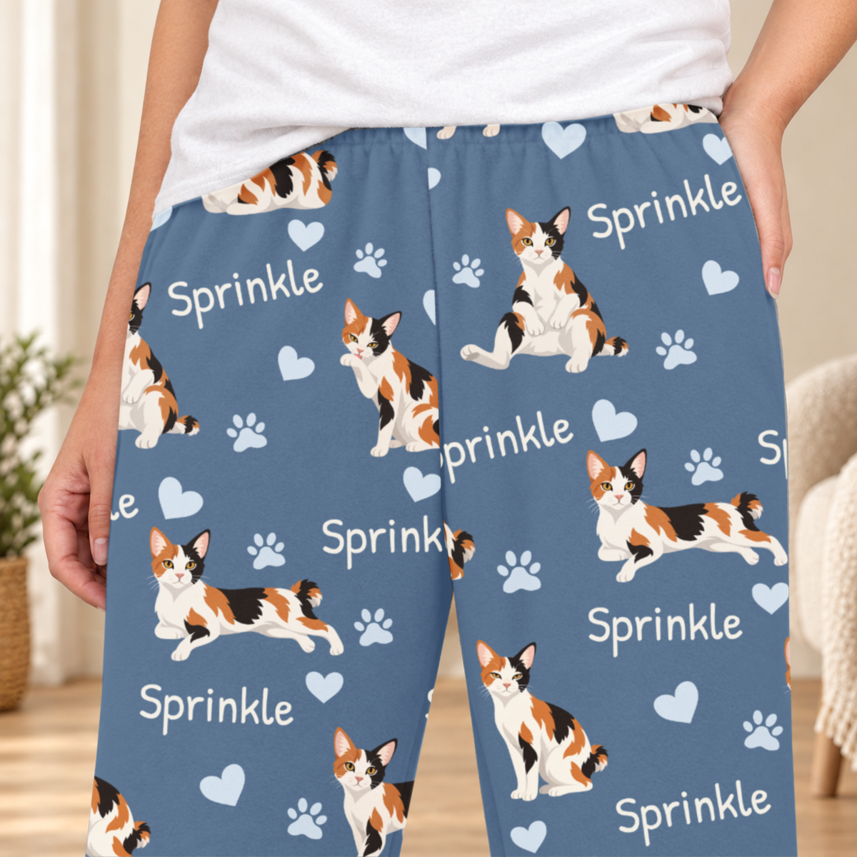 Japanese Bobtail personalized fleece pajama close-up showing breed artwork and example pet name