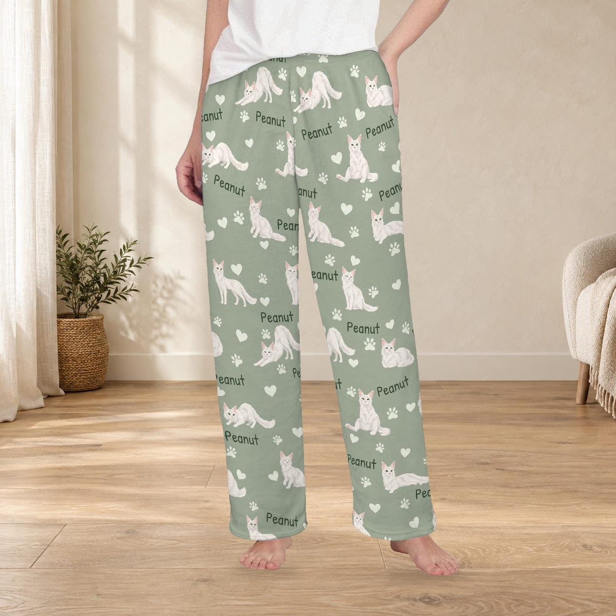 Turkish Angora personalized fleece pajama trousers on a model; women's fit, front view. Cozy neutral room background.