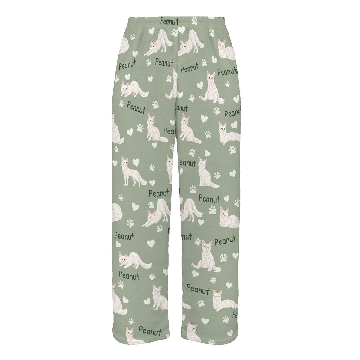 Turkish Angora personalized pet name fleece pajama trousers, flat front view.