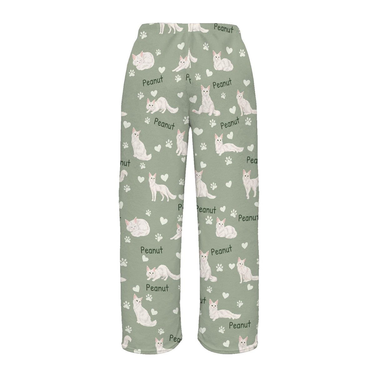 Turkish Angora personalized pet name fleece pajama trousers, flat back view.