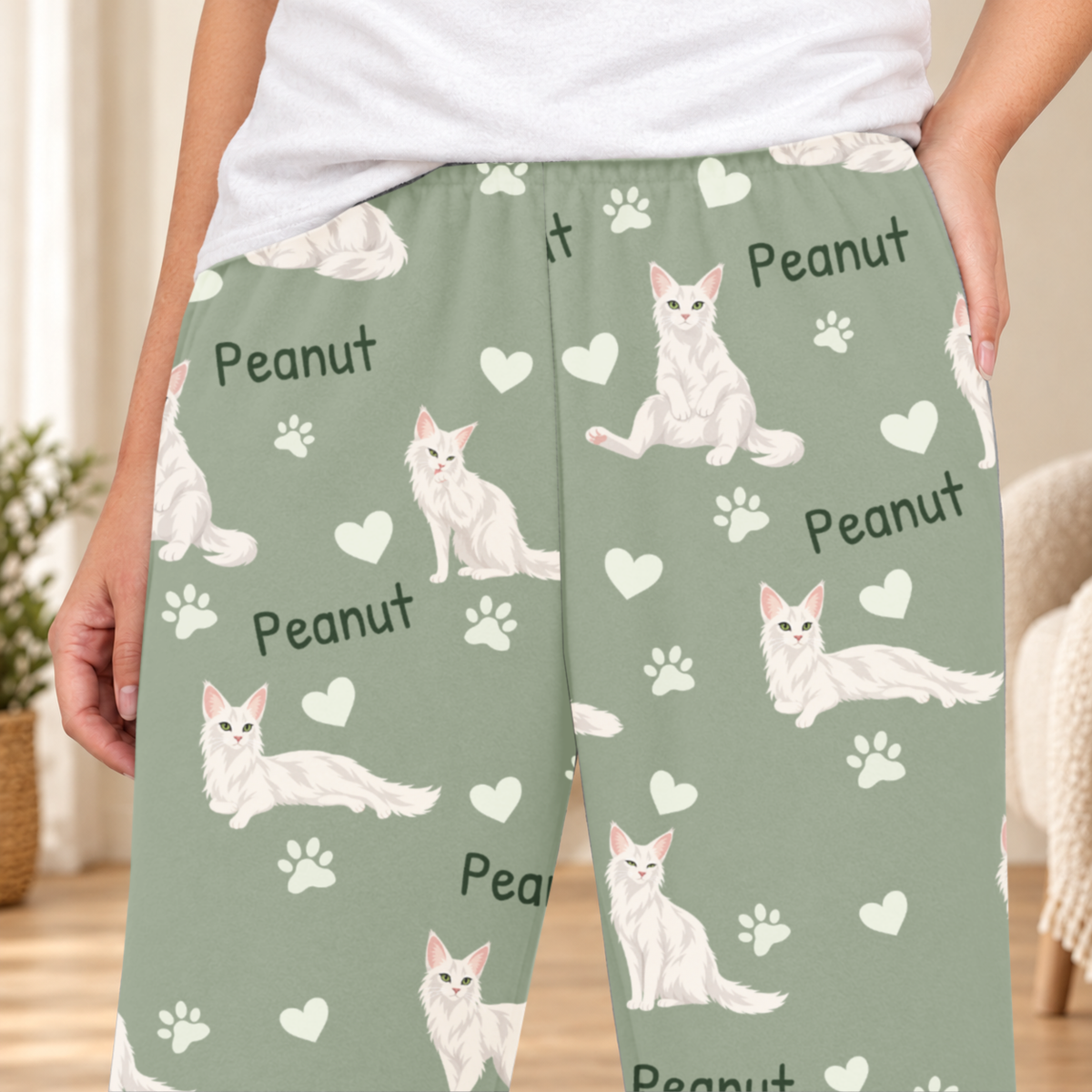 Turkish Angora personalized fleece pajama close-up showing breed artwork and example pet name
