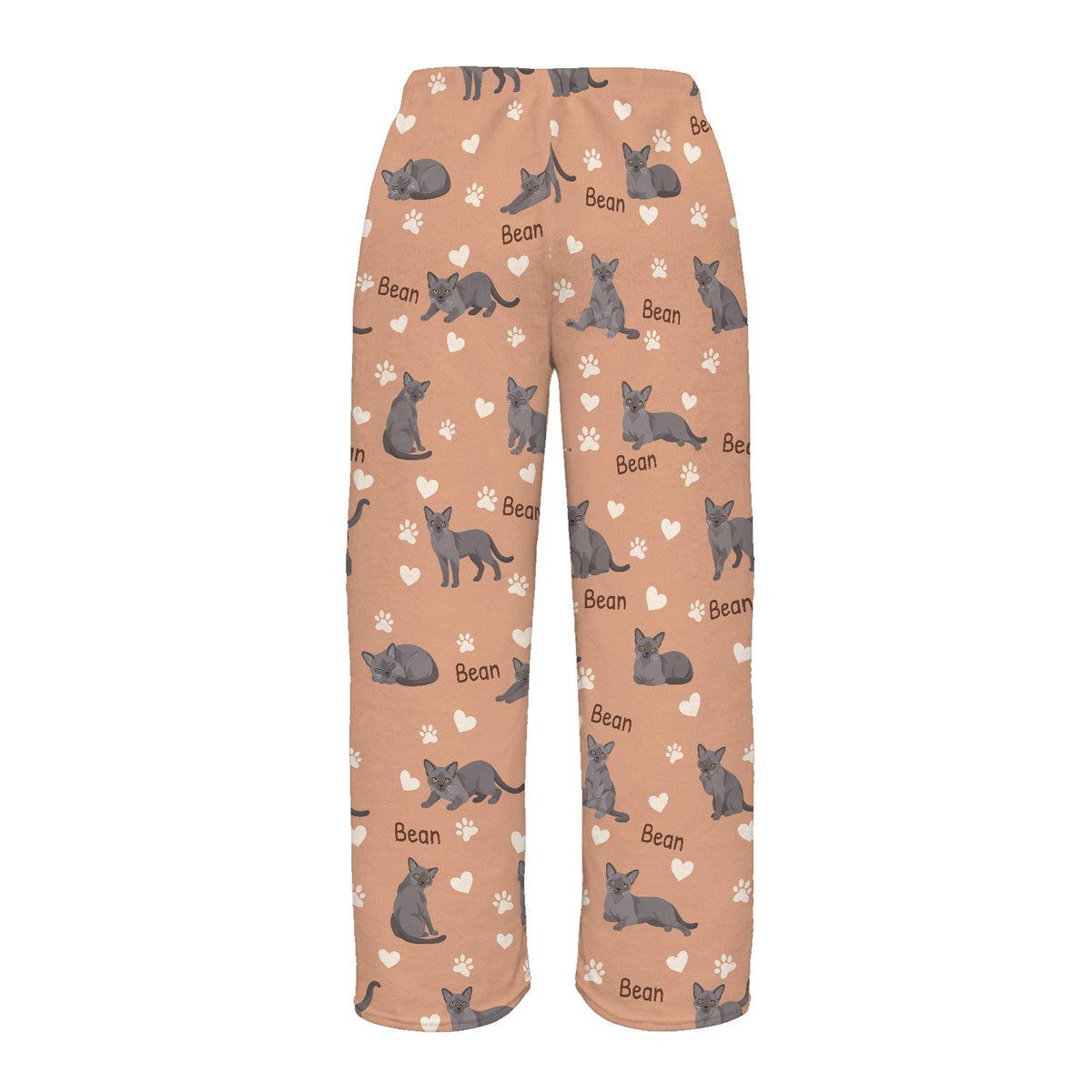 European Burmese personalized pet name fleece pajama trousers, flat back view.