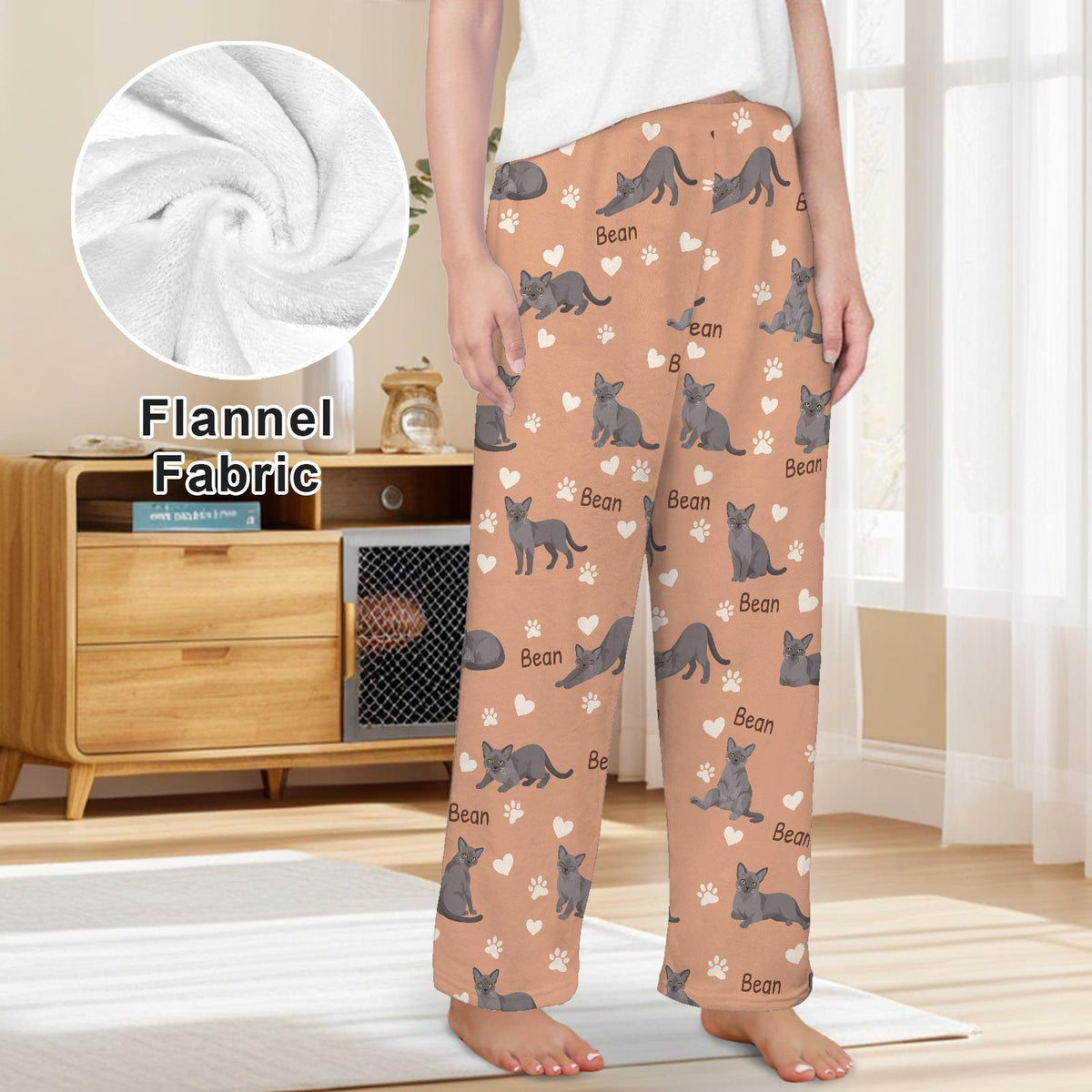 European Burmese personalized pet name fleece pajama trousers, front lifestyle view.