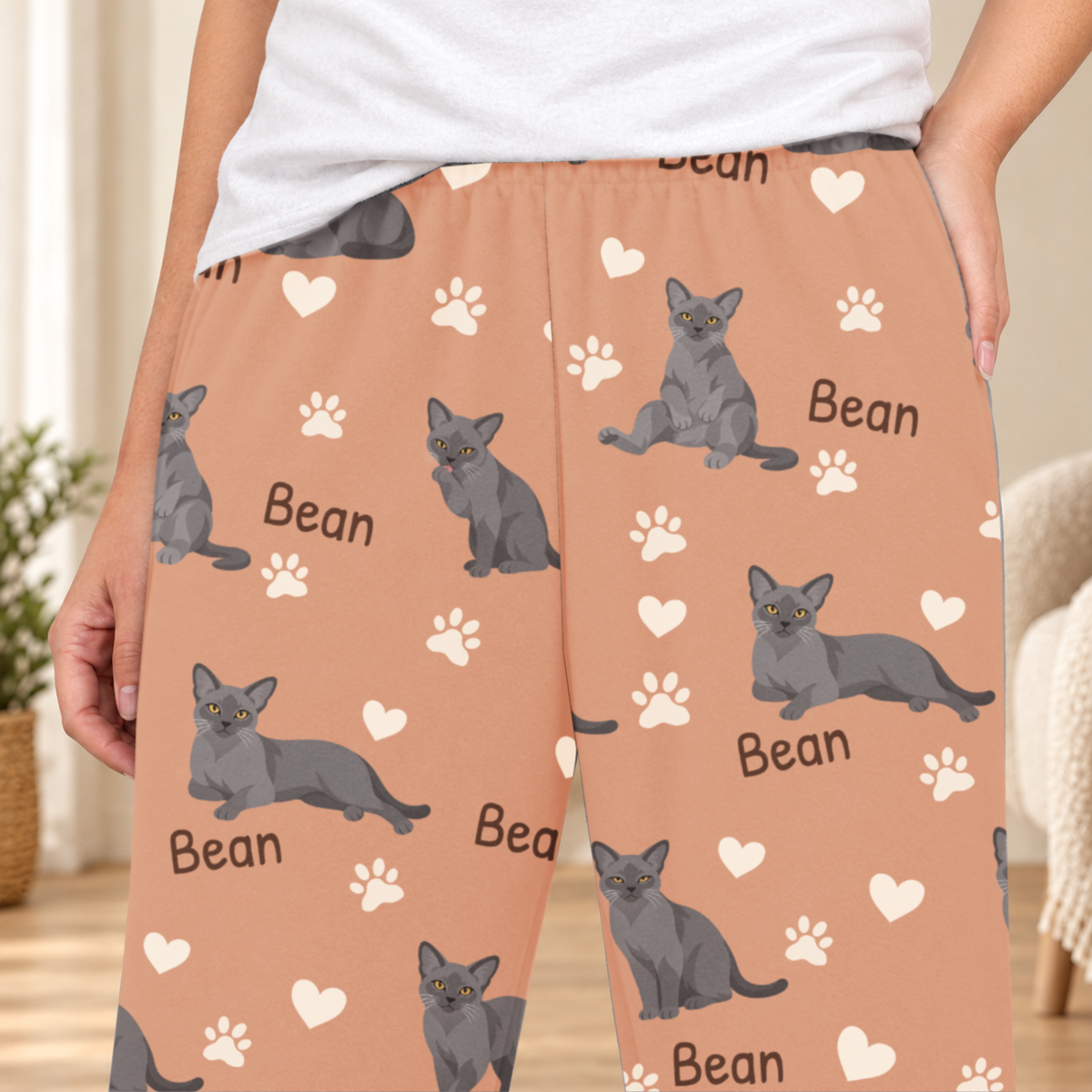 European Burmese personalized fleece pajama close-up showing breed artwork and example pet name