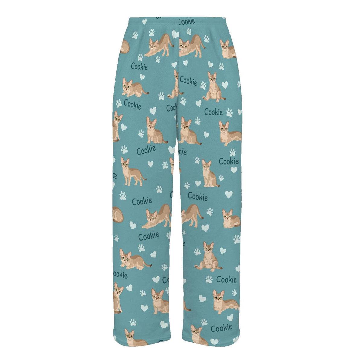 Singapura personalized pet name fleece pajama trousers, flat front view.