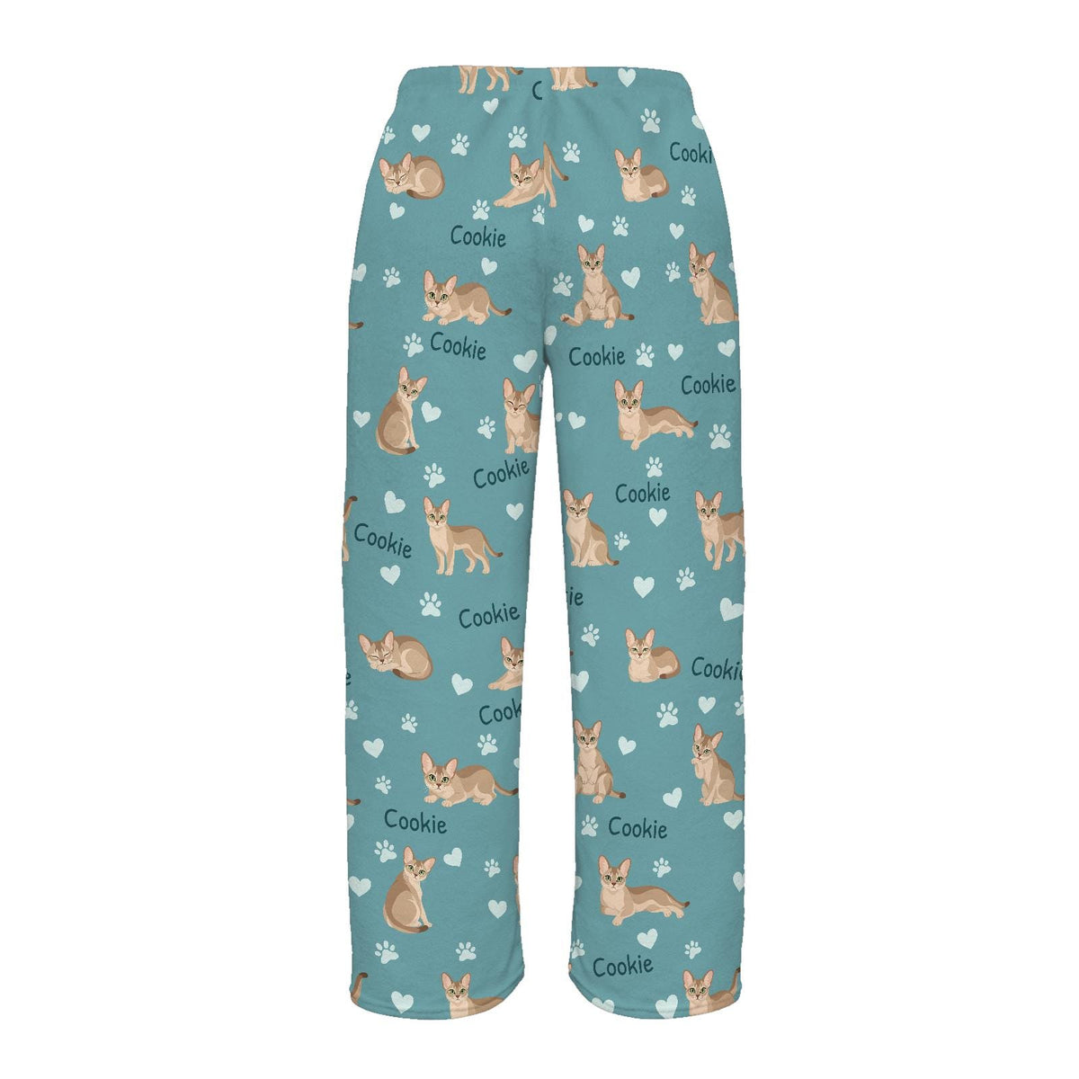 Singapura personalized pet name fleece pajama trousers, flat back view.
