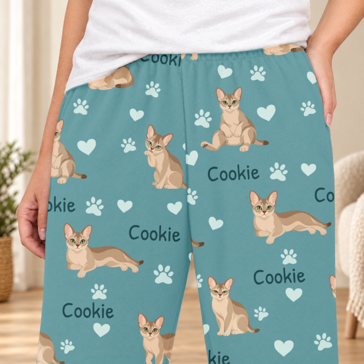 Singapura personalized fleece pajama close-up showing breed artwork and example pet name