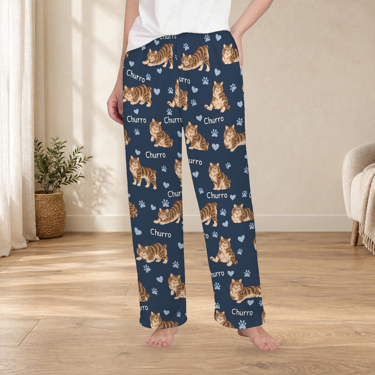 American Bobtail personalized fleece pajama trousers on a model; women's fit, front view. Cozy neutral room background.