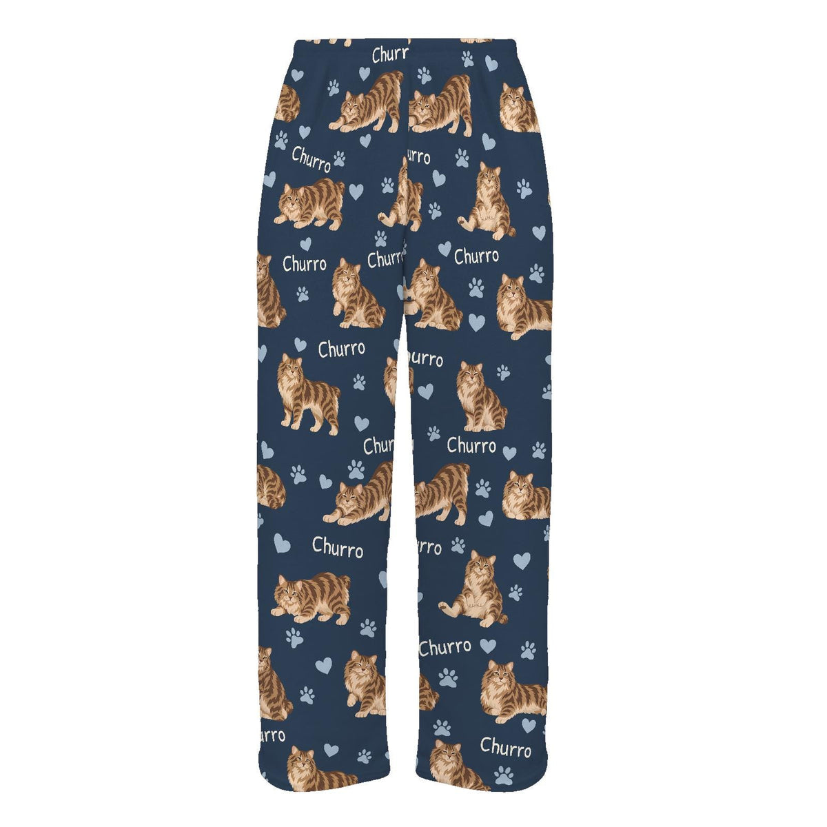 American Bobtail personalized pet name fleece pajama trousers, flat front view.