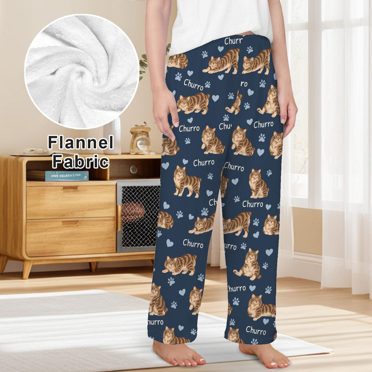 American Bobtail personalized pet name fleece pajama trousers, front lifestyle view.