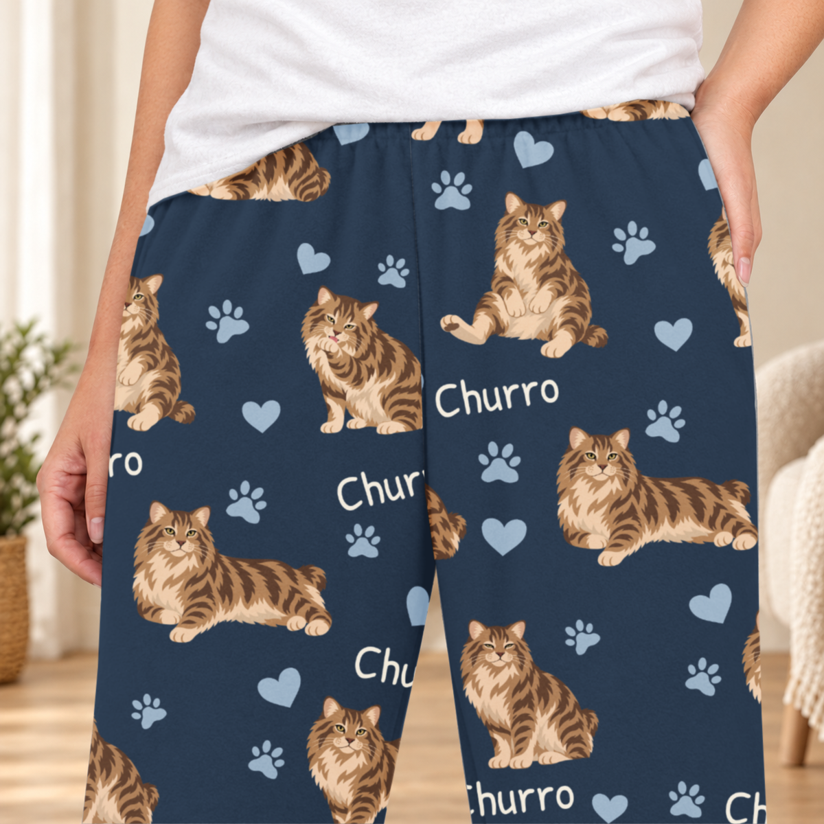 American Bobtail personalized fleece pajama close-up showing breed artwork and example pet name